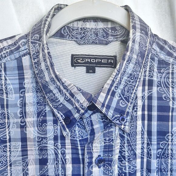 Roper Shirt Mens XL Plaid Blue Paisley Western Button Down Cowboy Southwestern - Picture 5 of 8